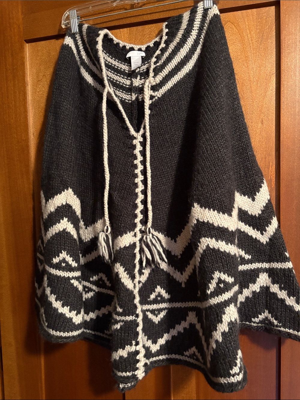 J. Jill Black and Cream Hooded Knit Poncho